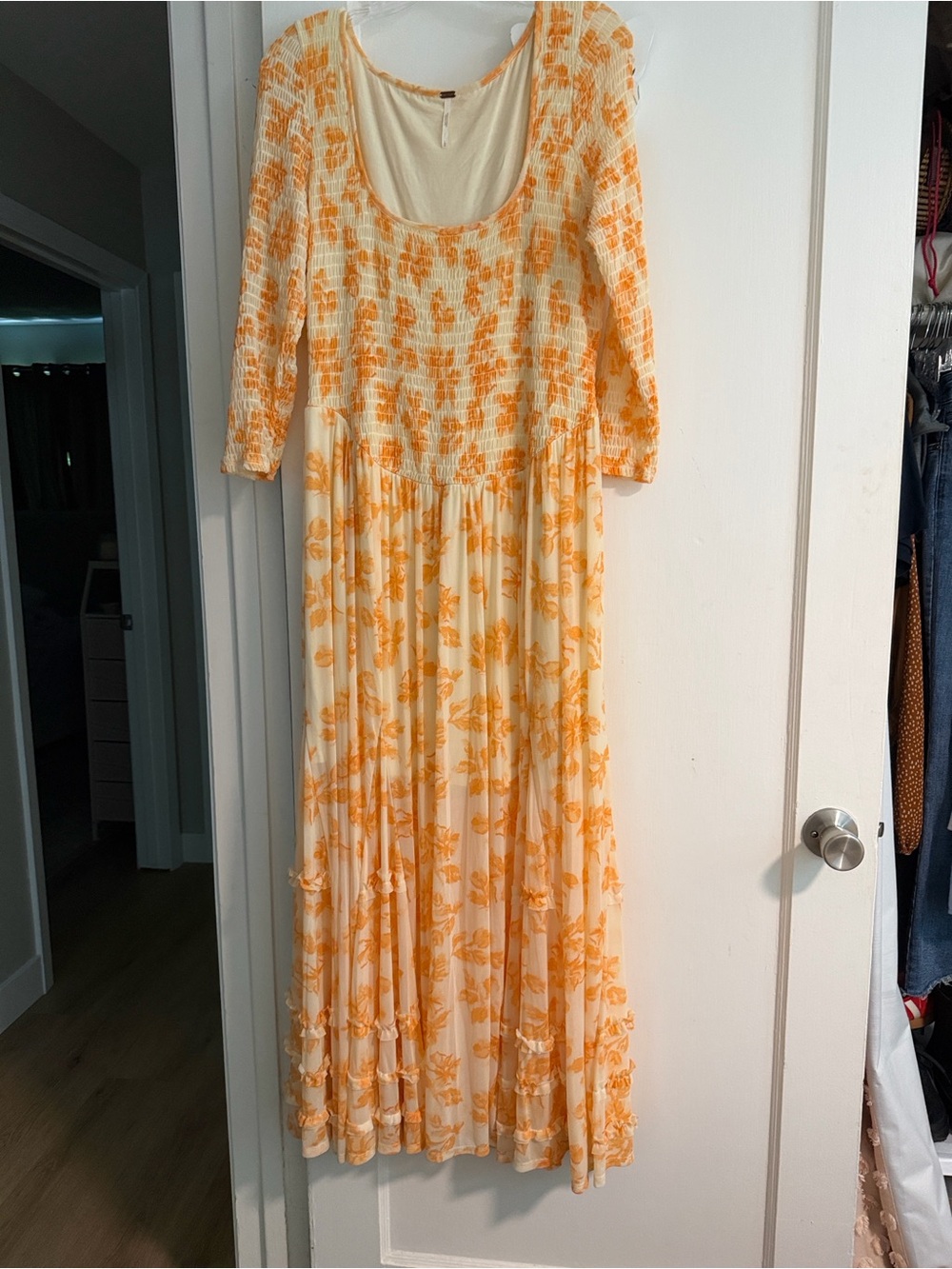 Free People Cream Maxi Dress with Orange Floral Pattern